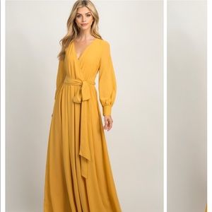 Yellow Chiffon Long Sleeve Maxi Dress - Small